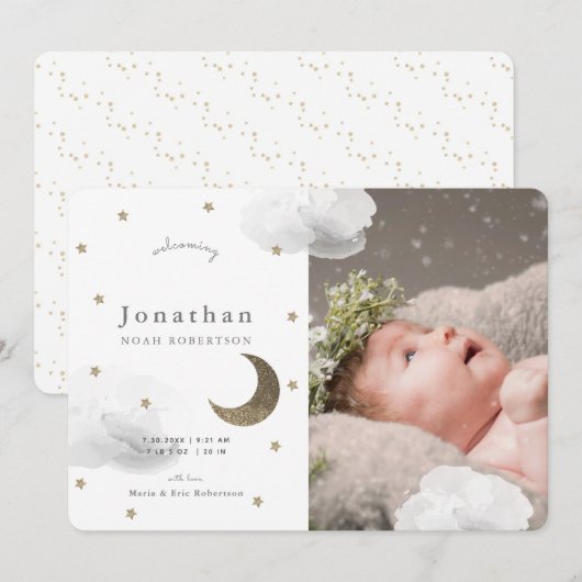 Sterren & Grijze Wolken Foto Baby Aankondiging (Voorkant / Achterkant)