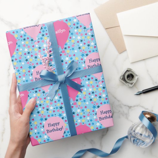 Sterren harten ballonnen gepersonaliseerde verjaar cadeaupapier (Geschenken)