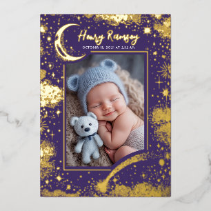 Sterren Hemel Cute Paarse Pasgeboren Foto's Geboor Folie Uitnodiging