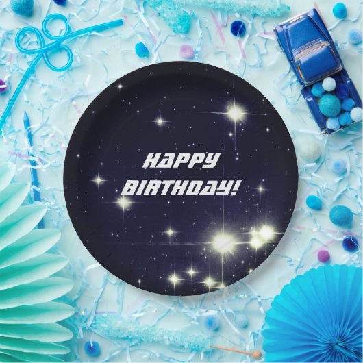 Sterren in diepe ruimte donkerblauwe gelukkige ver papieren bordje (Feest)