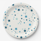 sterren in meerdere tinten blauw op wit papieren bordje (Voorkant)