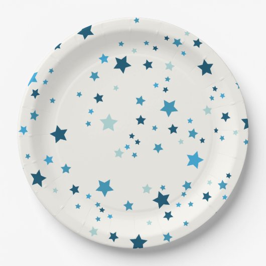 sterren in meerdere tinten blauw op wit papieren bordje (Voorkant)