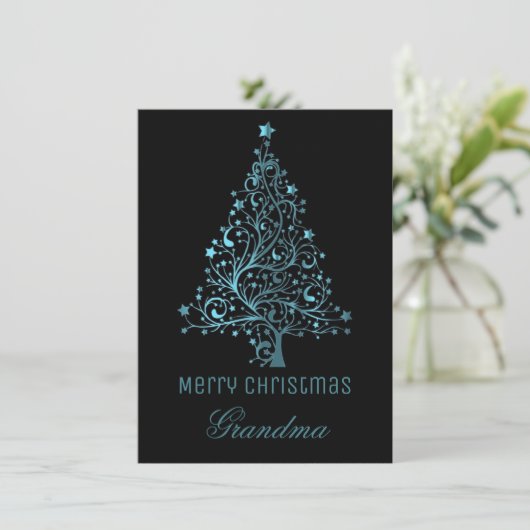 Sterren Kerstboom Zwart Blauw Metallic Look Feestdagenkaart (Staand voorkant)