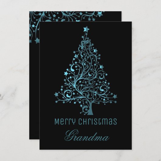 Sterren Kerstboom Zwart Blauw Metallic Look Feestdagenkaart (Voorkant / Achterkant)