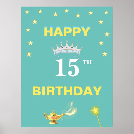 Sterren, kroontiara & Magic Lamp 15th Birthday Poster (Voorkant)