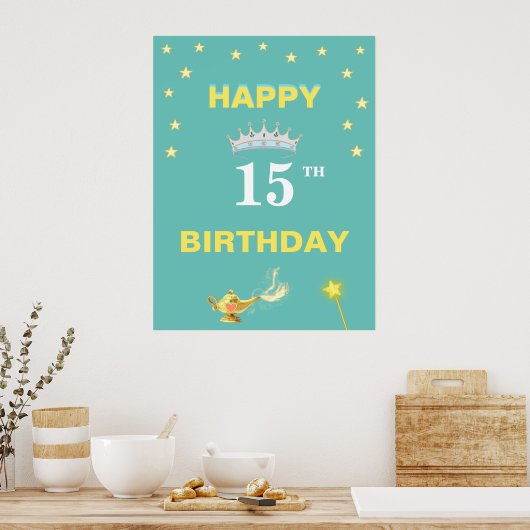 Sterren, kroontiara & Magic Lamp 15th Birthday Poster (Keuken)