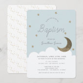 Sterren & Maan Baby Blauwe Jongen Doop Kaart (Voorkant / Achterkant)