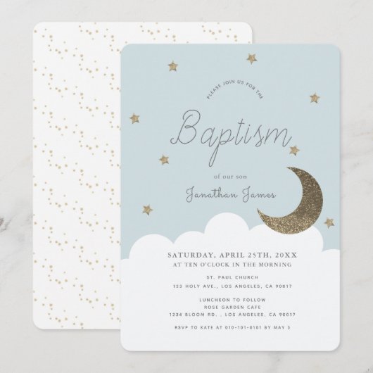 Sterren & Maan Baby Blauwe Jongen Doop Kaart (Voorkant / Achterkant)