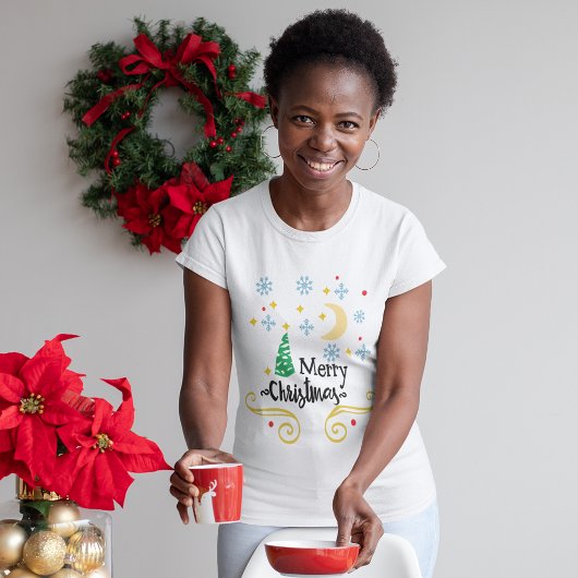 Sterren, Maan, Sneeuwvlokken & Vrolijk Kerstfeest T-shirt