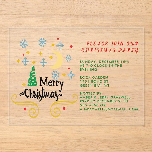 Sterren, Maan, Snowflakes en Zuurzame Kerstmis Acryl Uitnodigingen (Voorkant)