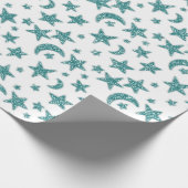 Sterren Maan Sparkly Blauwgroen Aqua Blauw Wit Cadeaupapier (Hoek)