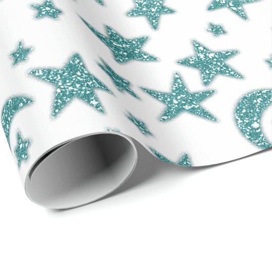 Sterren Maan Sparkly Blauwgroen Aqua Blauw Wit Cadeaupapier (Rol Hoek)