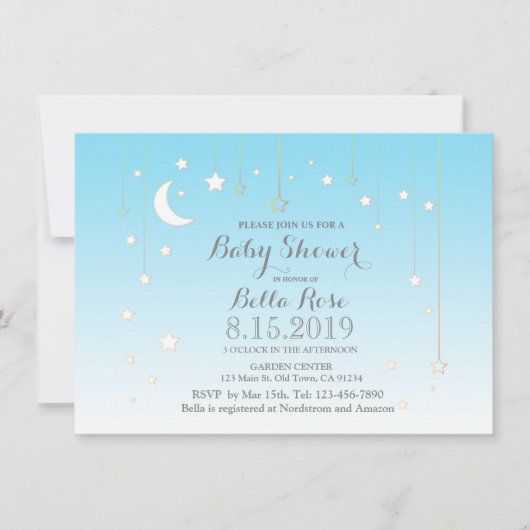 Sterren maanblauwe jongen baby shower uitnodiging (Voorkant)