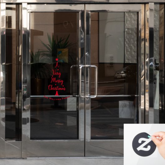 Sterren met kerstboomscript, familie rood raamsticker (Kantoordeur)