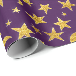 Sterren Moon Black Sky Zwart Goud Paarse Lavendel Cadeaupapier