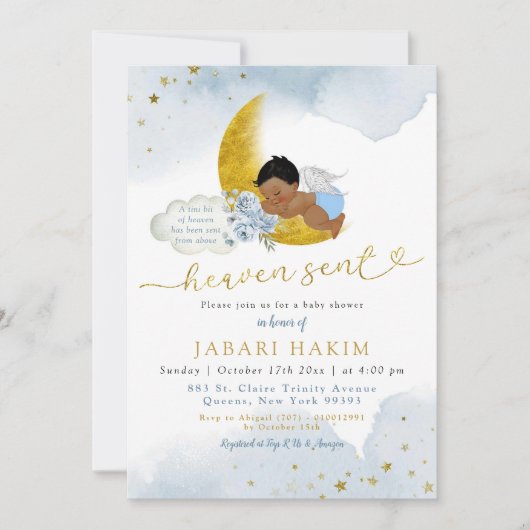 Sterren Moon Blue African Angel Boy Baby shower Kaart (Voorkant)