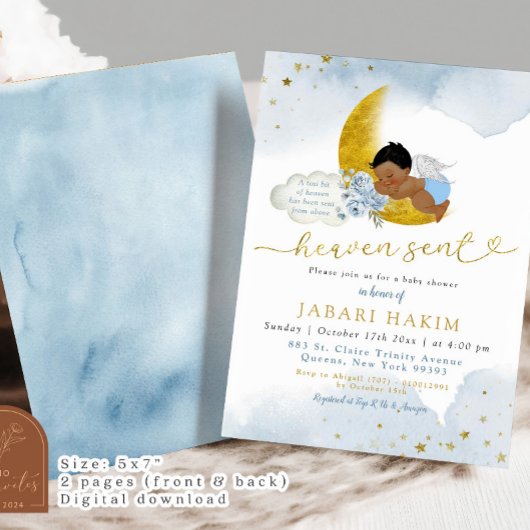 Sterren Moon Blue African Angel Boy Baby shower Kaart