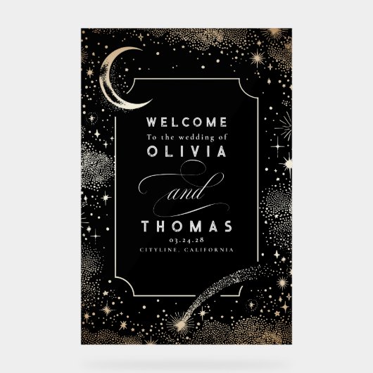 Sterren Moon Celestial Black Wedding Welkomstbord Acryl Bord (Voorkant)