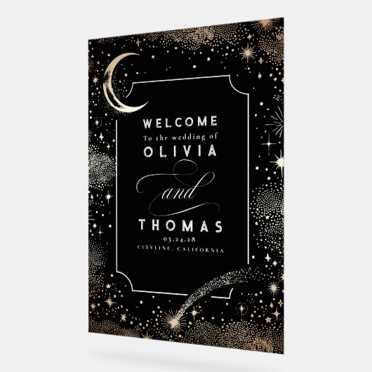 Sterren Moon Celestial Black Wedding Welkomstbord Acryl Bord (Hoek)