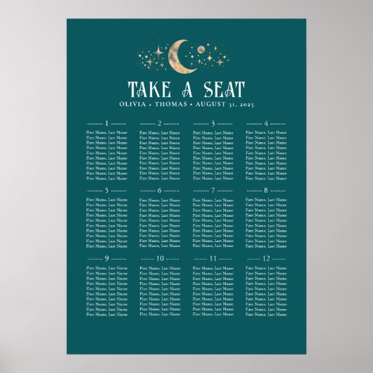 Sterren Moon Celestial Blauwgroen bruiloft Zitting Poster (Voorkant)