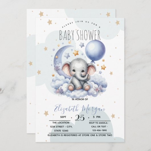 Sterren Moon Clouds Teddy Bear Baby shower Kaart (Voorkant / Achterkant)