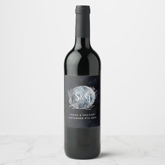 Sterren Moonlit Nacht Monogram Bruiloft Wijn Label Etiket (Voorkant)