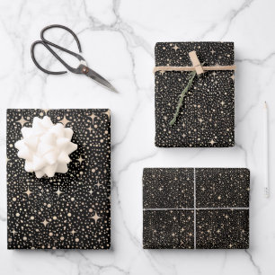 Sterren Night Sky Celestial zwart en goud patroon Inpakpapier Vel