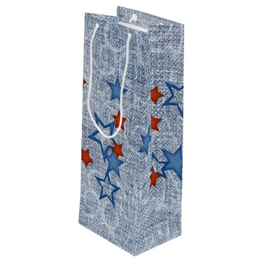 Sterren op Denim Wijn Cadeautas (Achterkant Gekanteld)
