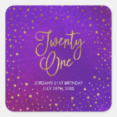 Sterren Paarse Waterverf 21e Verjaardag Vierkante Sticker (Voorkant)