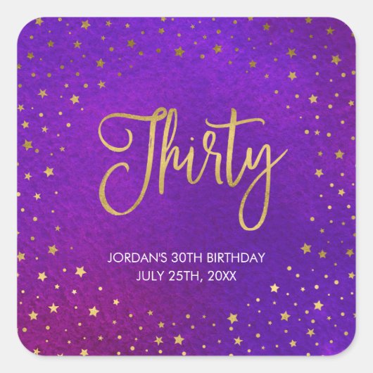Sterren Paarse Waterverf 30e Verjaardag Vierkante Sticker (Voorkant)