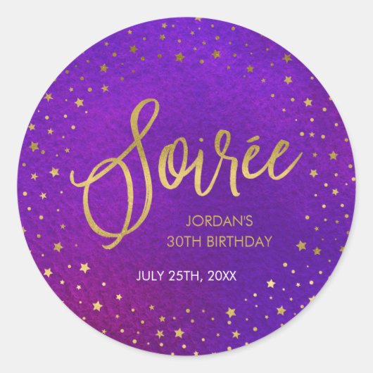 Sterren Paarse Waterverf Soiree Verjaardagsfeest Ronde Sticker (Voorkant)