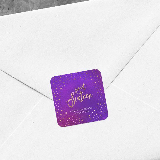 Sterren Paarse Waterverf Sweet Sixteen Verjaardag Vierkante Sticker