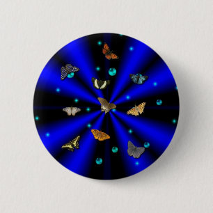 Sterren, parels en vlinder, zwart en blauw ronde button 5,7 cm