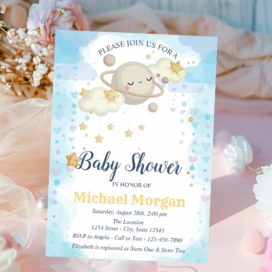 Sterren Planeet Wolken Blauwe Baby Shower Kaart
