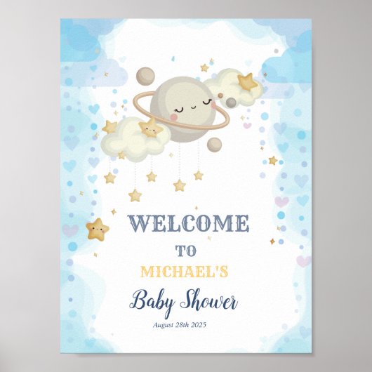 Sterren Planeet Wolken Blauwe Baby Shower Poster (Voorkant)