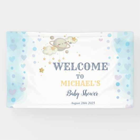 Sterren Planeet Wolken Blauwe Baby Shower Spandoek (Horizontaal)
