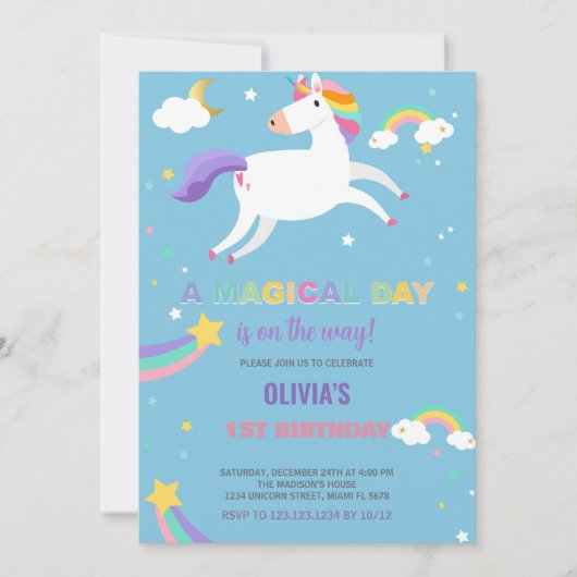 Sterren Rainbow Fly Unicorn Verjaardag Uitnodiging (Voorkant)