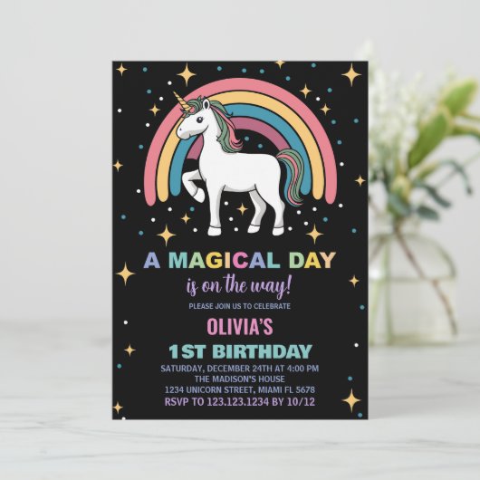 Sterren Rainbow Unicorn Verjaardag Uitnodigingen (Staand voorkant)