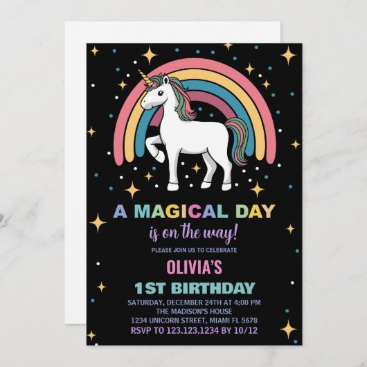 Sterren Rainbow Unicorn Verjaardag Uitnodigingen (Voorkant / Achterkant)