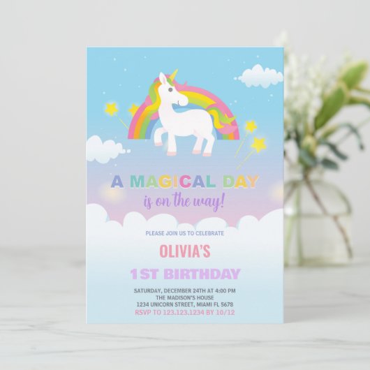 Sterren Rainbow Unicorn Verjaardag Uitnodigingen (Staand voorkant)