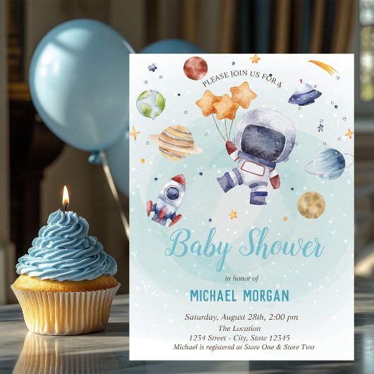 Sterren, raketten, astronaut Baby shower Kaart