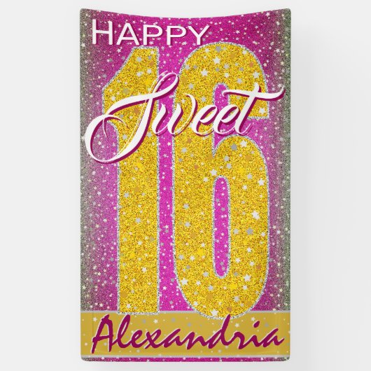 Sterren Roze Glitter Glitz | Sweet 16 verjaardagsf Spandoek (Verticaal)