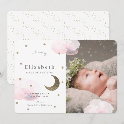 Sterren & Roze Wolken Foto Meisje Baby Aankondigin Kaart (Voorkant / Achterkant)