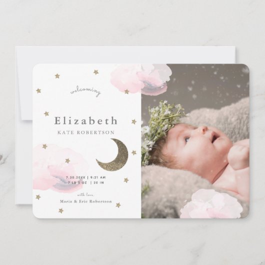 Sterren & Roze Wolken Foto Meisje Baby Aankondigin Kaart (Voorkant)