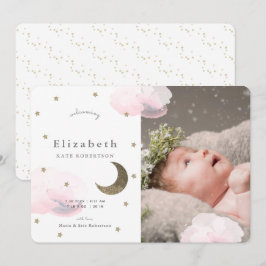 Sterren & Roze Wolken Foto Meisje Baby Aankondigin Kaart