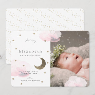 Sterren & Roze Wolken Foto Meisje Baby Aankondigin Kaart