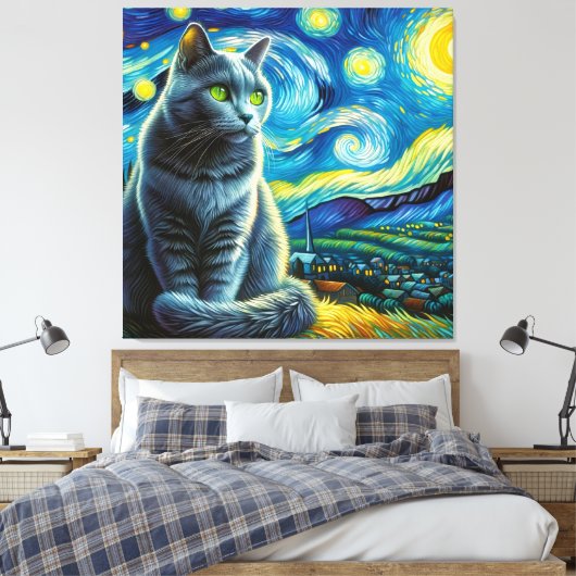 Sterren Russisch Blauw Kat Portret - Huisdier Port Canvas Afdruk (Insitu (Slaapkamer))