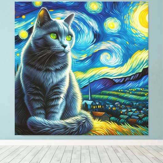 Sterren Russisch Blauw Kat Portret - Huisdier Port Canvas Afdruk (Insitu (Houten vloer))