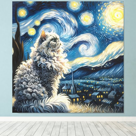 Sterren Selkirk Rex Kat Portret - Huisdier Portret Canvas Afdruk (Insitu (Houten vloer))