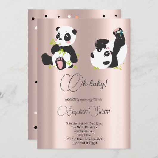 Sterren, stippen, schattige panda's, baby shower kaart (Voorkant / Achterkant)